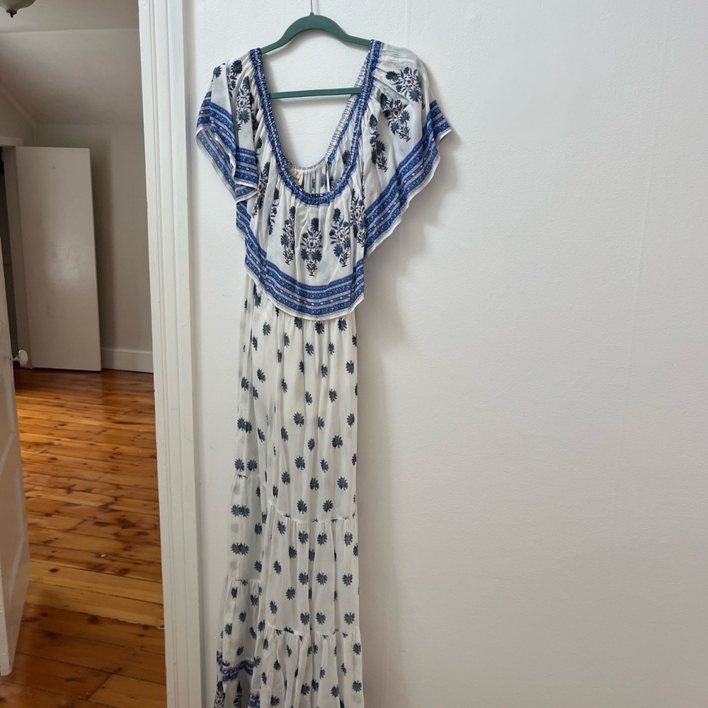 Blue and White Flutter Sleeve Maxi Sundress